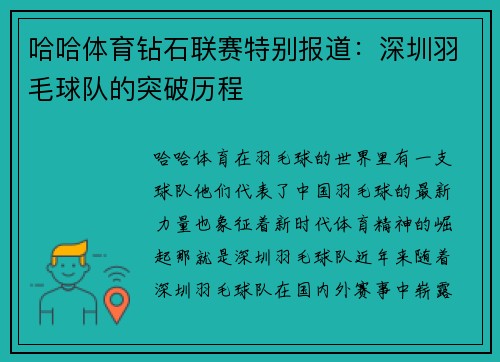 哈哈体育钻石联赛特别报道：深圳羽毛球队的突破历程