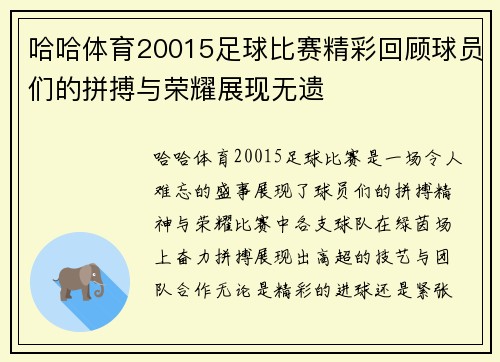 哈哈体育20015足球比赛精彩回顾球员们的拼搏与荣耀展现无遗