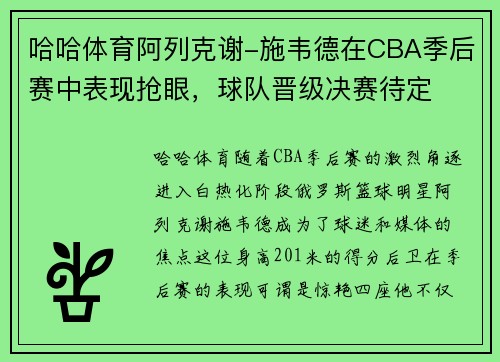 哈哈体育阿列克谢-施韦德在CBA季后赛中表现抢眼，球队晋级决赛待定