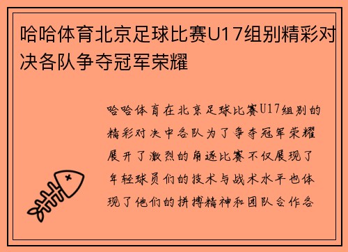 哈哈体育北京足球比赛U17组别精彩对决各队争夺冠军荣耀