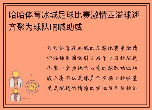 哈哈体育冰城足球比赛激情四溢球迷齐聚为球队呐喊助威