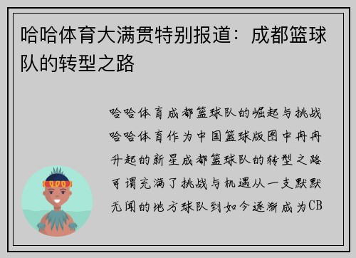 哈哈体育大满贯特别报道：成都篮球队的转型之路