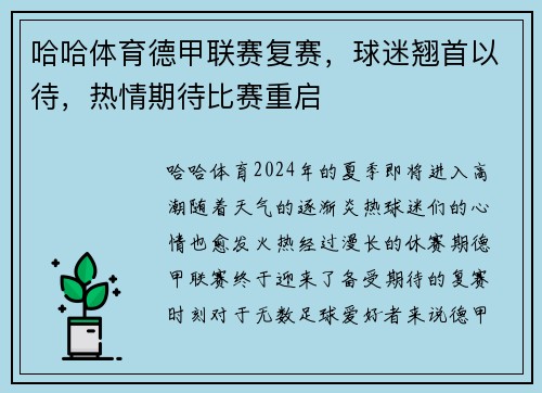 哈哈体育德甲联赛复赛，球迷翘首以待，热情期待比赛重启