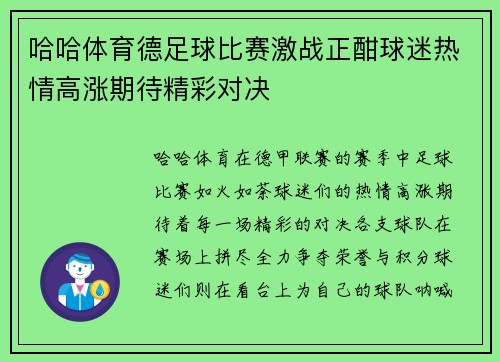 哈哈体育德足球比赛激战正酣球迷热情高涨期待精彩对决