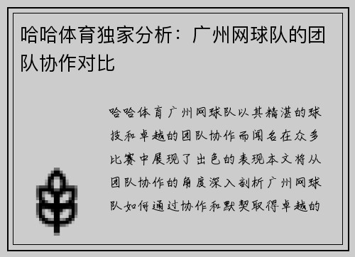 哈哈体育独家分析：广州网球队的团队协作对比