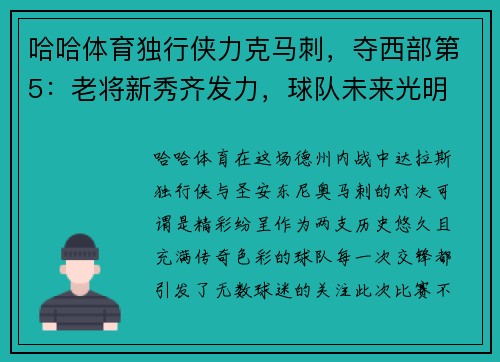 哈哈体育独行侠力克马刺，夺西部第5：老将新秀齐发力，球队未来光明