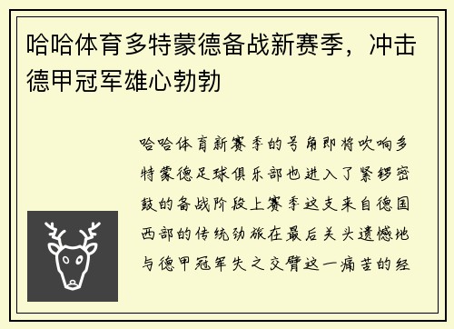 哈哈体育多特蒙德备战新赛季，冲击德甲冠军雄心勃勃