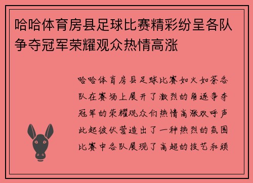 哈哈体育房县足球比赛精彩纷呈各队争夺冠军荣耀观众热情高涨