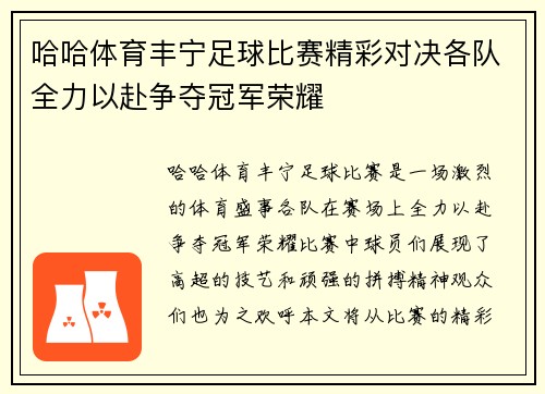 哈哈体育丰宁足球比赛精彩对决各队全力以赴争夺冠军荣耀