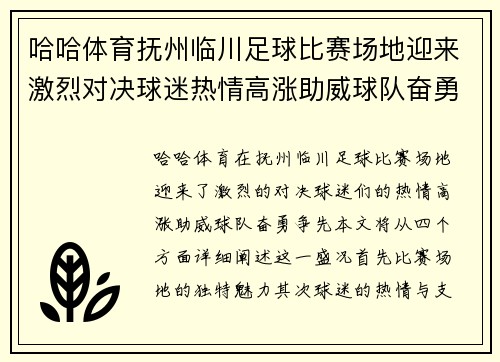 哈哈体育抚州临川足球比赛场地迎来激烈对决球迷热情高涨助威球队奋勇争先