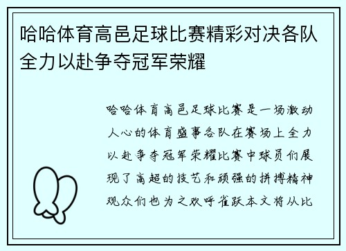 哈哈体育高邑足球比赛精彩对决各队全力以赴争夺冠军荣耀