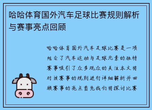 哈哈体育国外汽车足球比赛规则解析与赛事亮点回顾