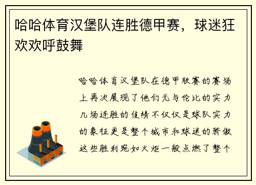 哈哈体育汉堡队连胜德甲赛，球迷狂欢欢呼鼓舞