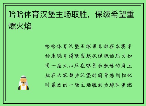 哈哈体育汉堡主场取胜，保级希望重燃火焰