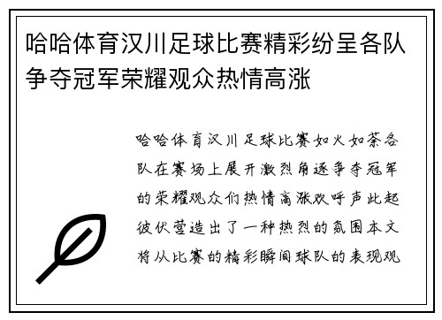 哈哈体育汉川足球比赛精彩纷呈各队争夺冠军荣耀观众热情高涨