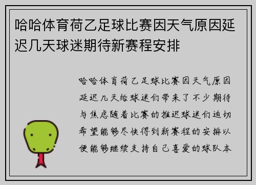 哈哈体育荷乙足球比赛因天气原因延迟几天球迷期待新赛程安排