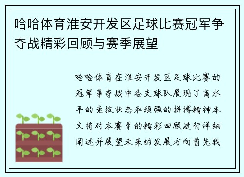 哈哈体育淮安开发区足球比赛冠军争夺战精彩回顾与赛季展望