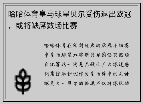 哈哈体育皇马球星贝尔受伤退出欧冠，或将缺席数场比赛
