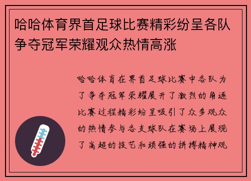 哈哈体育界首足球比赛精彩纷呈各队争夺冠军荣耀观众热情高涨
