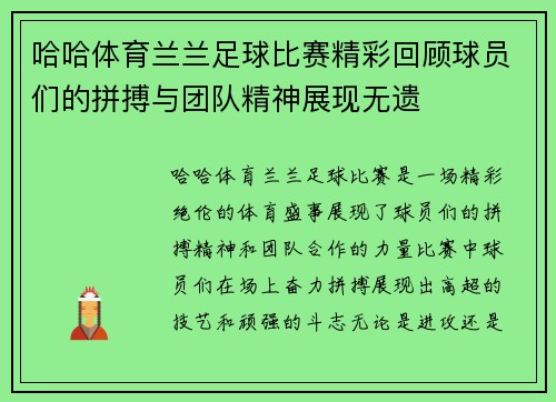 哈哈体育兰兰足球比赛精彩回顾球员们的拼搏与团队精神展现无遗