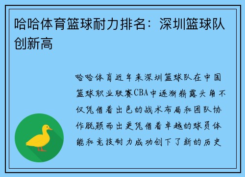 哈哈体育篮球耐力排名：深圳篮球队创新高