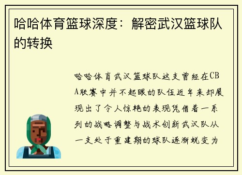 哈哈体育篮球深度：解密武汉篮球队的转换