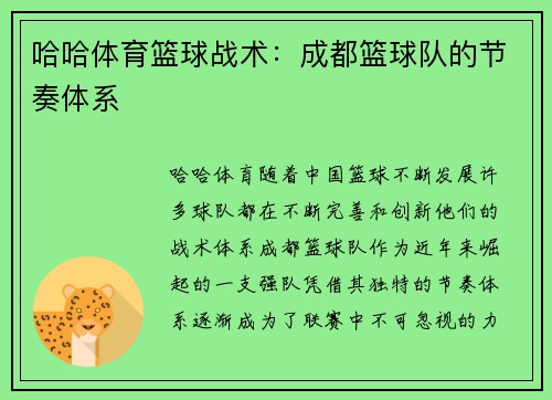哈哈体育篮球战术：成都篮球队的节奏体系