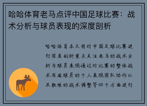 哈哈体育老马点评中国足球比赛：战术分析与球员表现的深度剖析