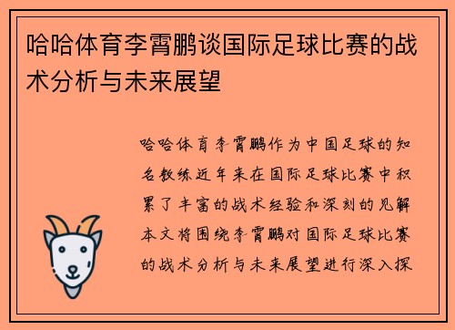 哈哈体育李霄鹏谈国际足球比赛的战术分析与未来展望