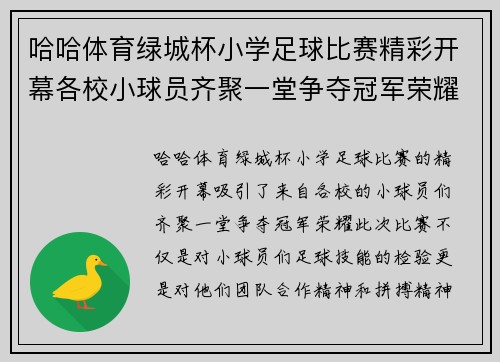 哈哈体育绿城杯小学足球比赛精彩开幕各校小球员齐聚一堂争夺冠军荣耀