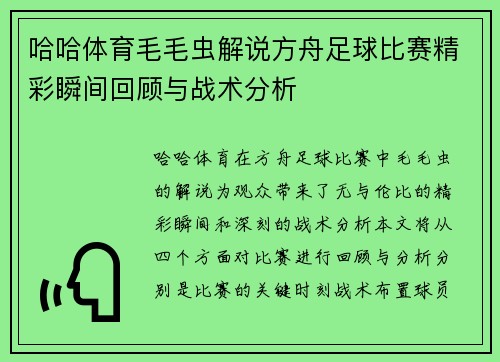 哈哈体育毛毛虫解说方舟足球比赛精彩瞬间回顾与战术分析