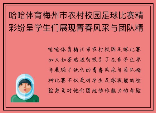 哈哈体育梅州市农村校园足球比赛精彩纷呈学生们展现青春风采与团队精神