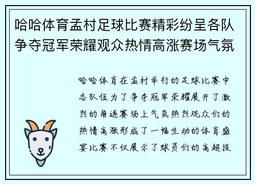 哈哈体育孟村足球比赛精彩纷呈各队争夺冠军荣耀观众热情高涨赛场气氛火爆