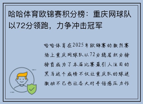 哈哈体育欧锦赛积分榜：重庆网球队以72分领跑，力争冲击冠军