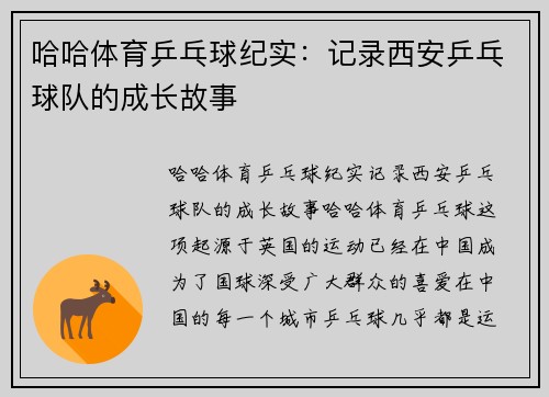 哈哈体育乒乓球纪实：记录西安乒乓球队的成长故事