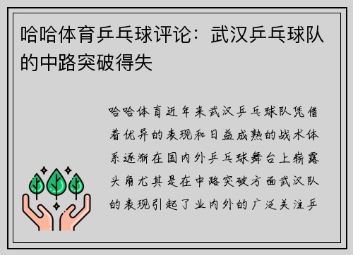 哈哈体育乒乓球评论：武汉乒乓球队的中路突破得失