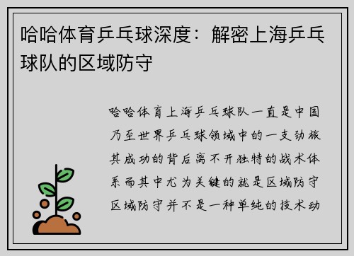 哈哈体育乒乓球深度：解密上海乒乓球队的区域防守