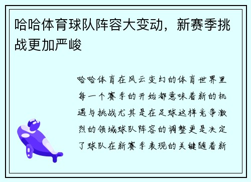 哈哈体育球队阵容大变动，新赛季挑战更加严峻