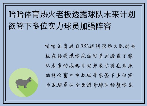 哈哈体育热火老板透露球队未来计划欲签下多位实力球员加强阵容