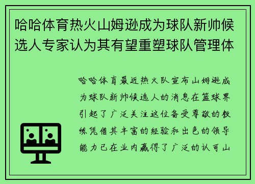 哈哈体育热火山姆逊成为球队新帅候选人专家认为其有望重塑球队管理体系