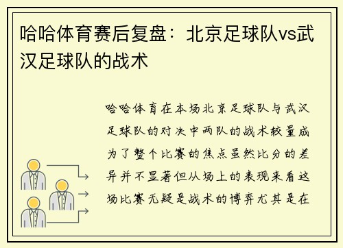 哈哈体育赛后复盘：北京足球队vs武汉足球队的战术