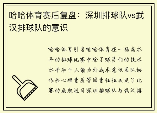 哈哈体育赛后复盘：深圳排球队vs武汉排球队的意识