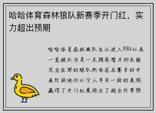 哈哈体育森林狼队新赛季开门红，实力超出预期