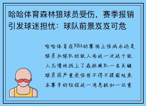哈哈体育森林狼球员受伤，赛季报销引发球迷担忧：球队前景岌岌可危
