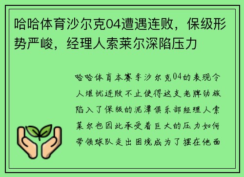 哈哈体育沙尔克04遭遇连败，保级形势严峻，经理人索莱尔深陷压力