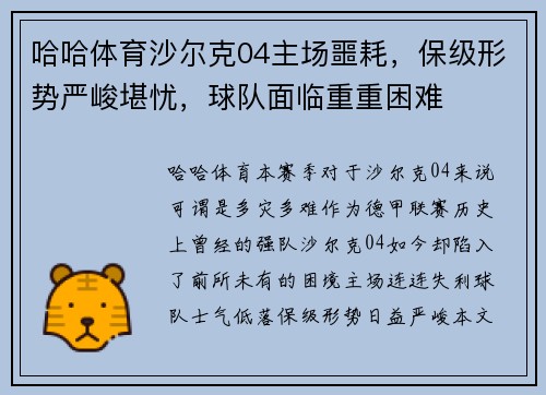 哈哈体育沙尔克04主场噩耗，保级形势严峻堪忧，球队面临重重困难