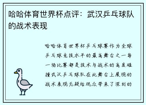 哈哈体育世界杯点评：武汉乒乓球队的战术表现