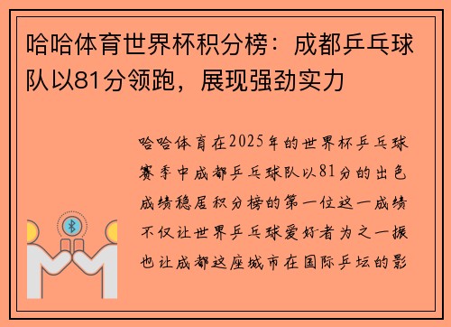 哈哈体育世界杯积分榜：成都乒乓球队以81分领跑，展现强劲实力