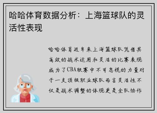 哈哈体育数据分析：上海篮球队的灵活性表现