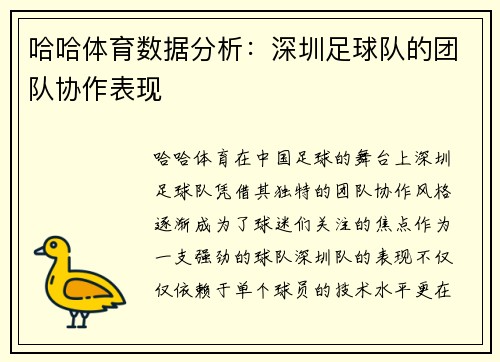 哈哈体育数据分析：深圳足球队的团队协作表现